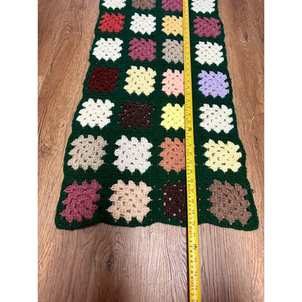 Handmade Crochet Granny Square Table Runner Green Multi Color Boho Vintage 70x19